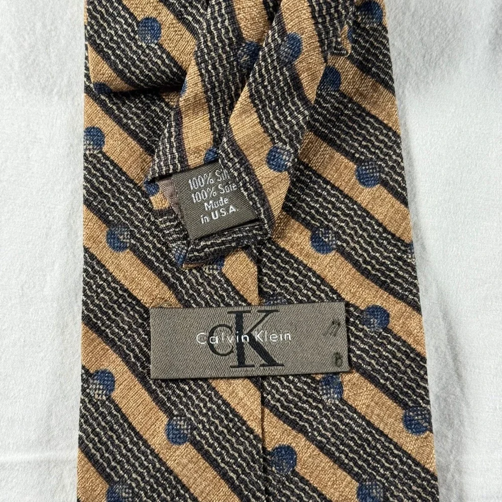Calvin Klein Men's‎ Gold Striped Polka Dot 100% Silk Necktie Made in USA